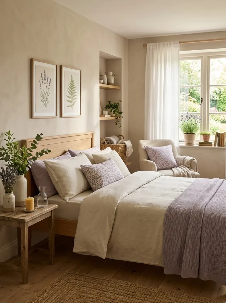 Peaceful bedroom with muted lavender accents and calming spring decor