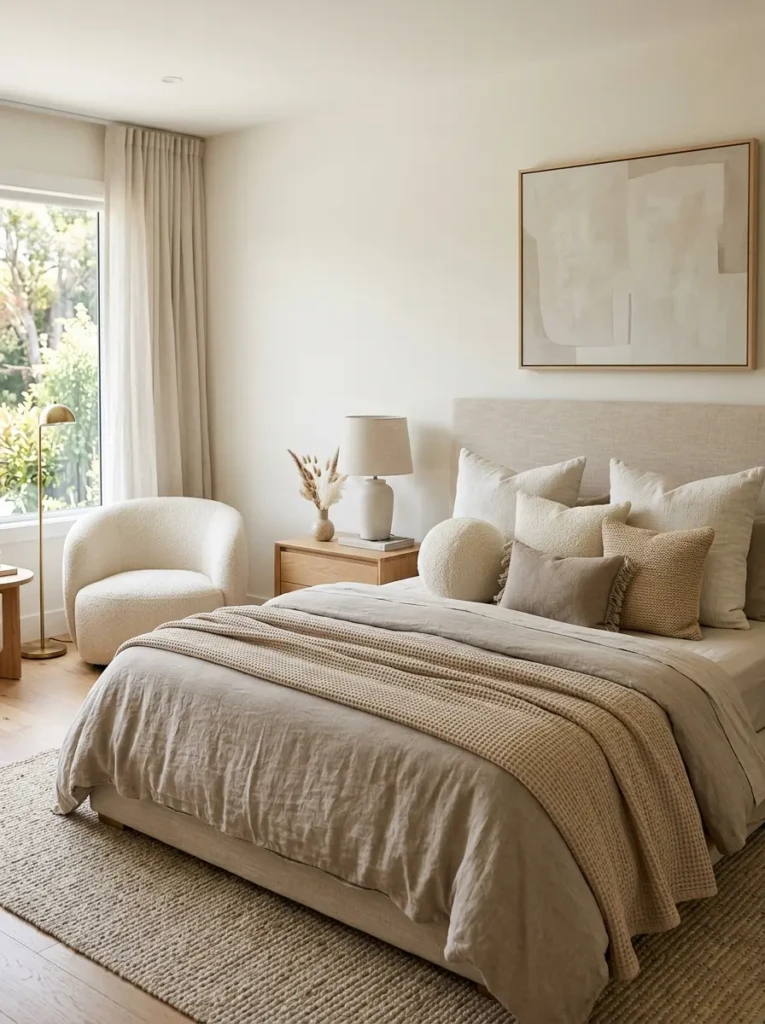 Neutral bedroom with beige and ivory bedding, textured pillows, and calming natural light

Section 5