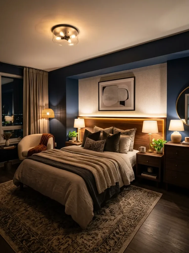 A stylish bedroom featuring layered lighting and a cozy modern atmosphere.
