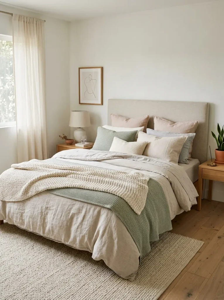 Bedroom styled with linen bedding, cotton throws, and subtle pastel tones for a soft layered effect