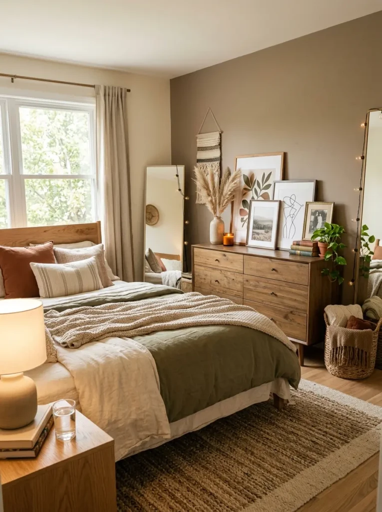 Modern cozy bedroom with leaning art frames, earthy tones, and charming personal touches.