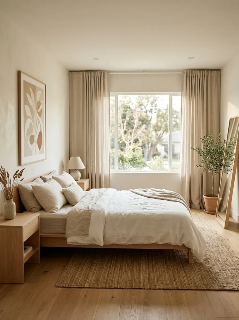 Minimal cozy bedroom with floor-length linen curtains and warm natural lighting.