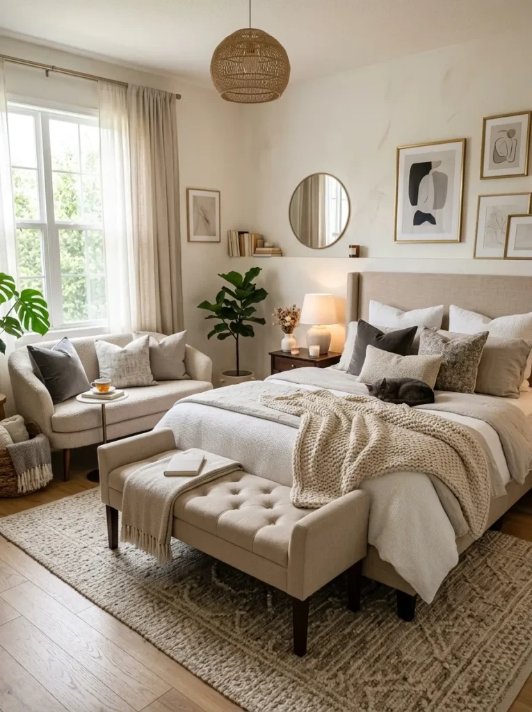A bedroom with a compact loveseat and elegant layered textures.