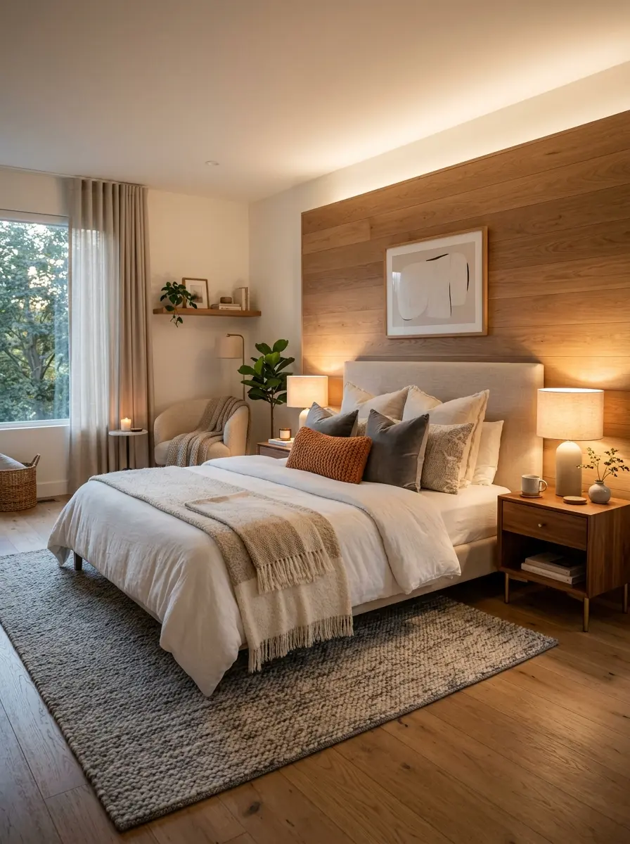Beautiful bedroom with soft lighting, plush pillows, and warm modern luxury decor