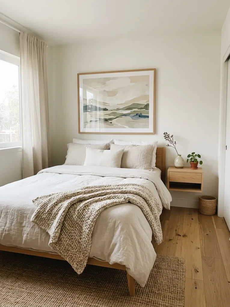 Serene small bedroom with minimal decor, textured throws, ceramic vase, and neutral cozy styling.