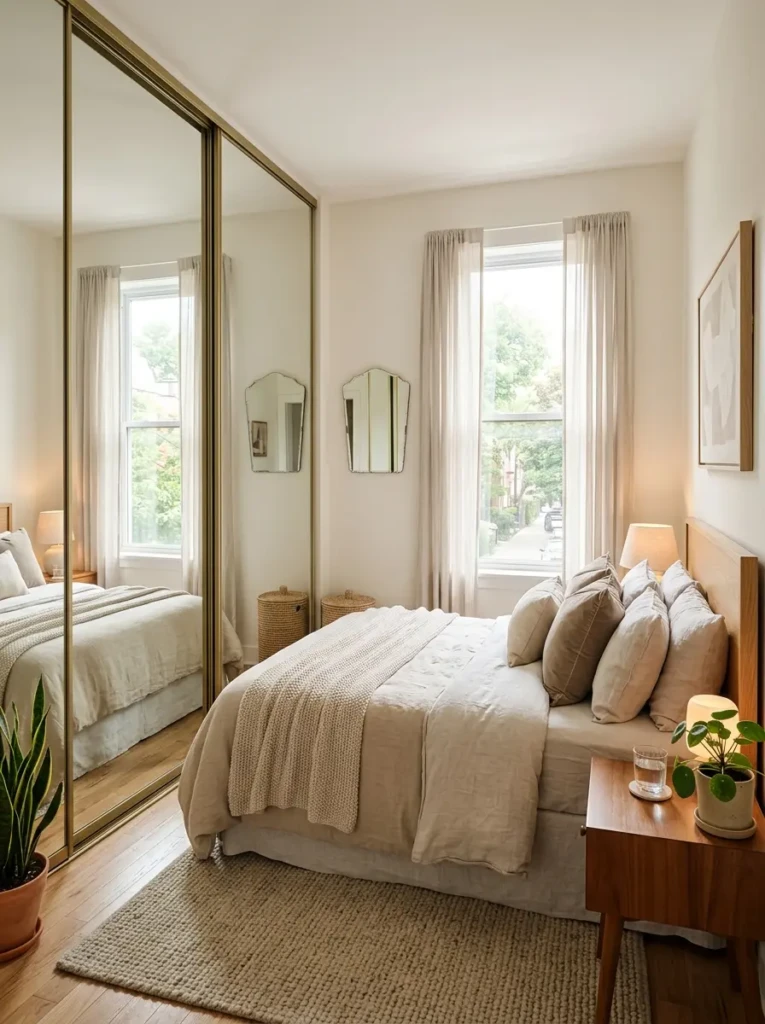 Cozy small bedroom with full mirrored wardrobe reflecting natural light and elegant decor.