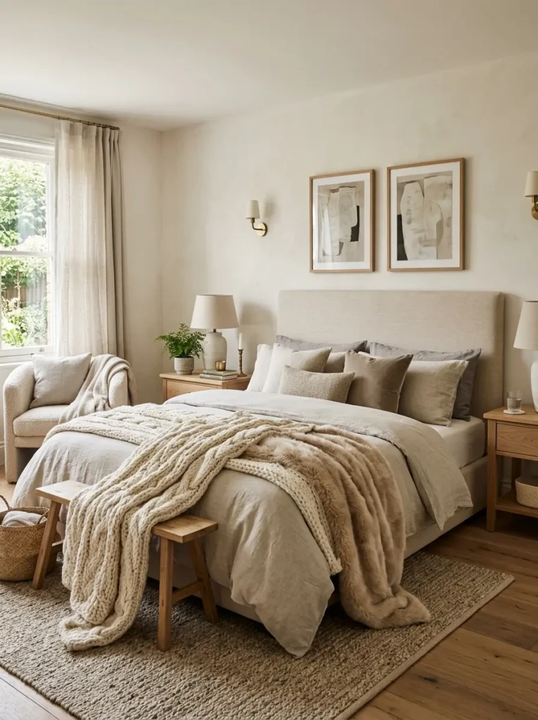 Elegant bedroom with linen bedding, faux fur accents, chunky knit throws, and soft neutral colors.