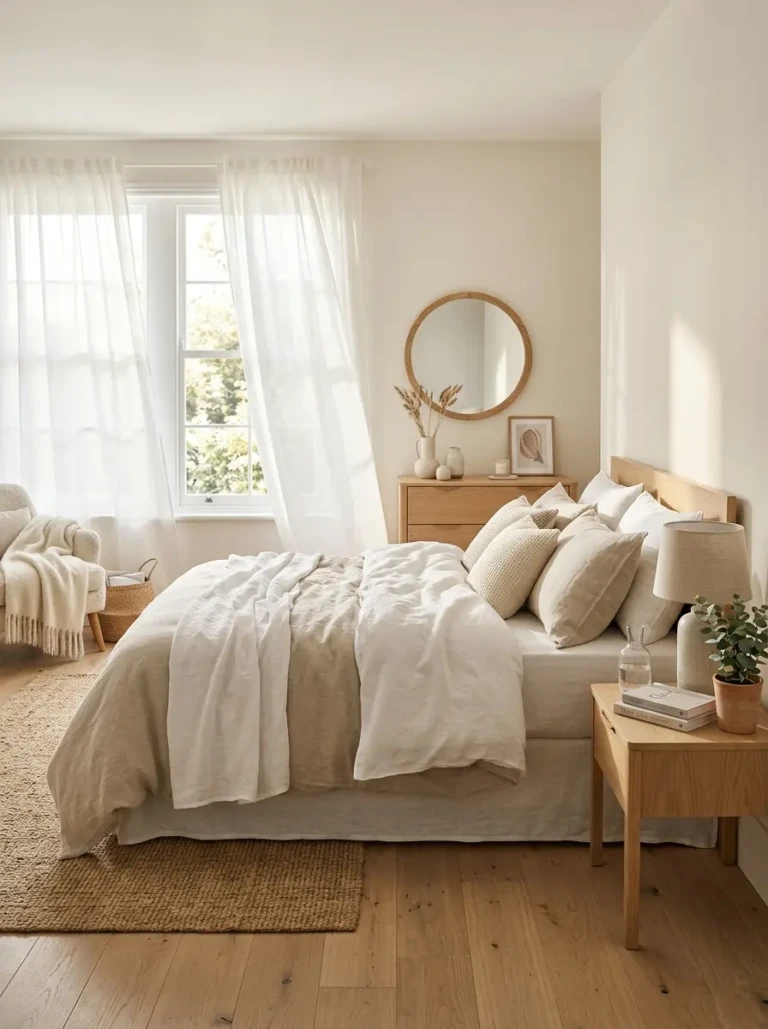 A light and airy bedroom with soft sunlight, sheer curtains, neutral bedding, and a calm uncluttered cozy atmosphere