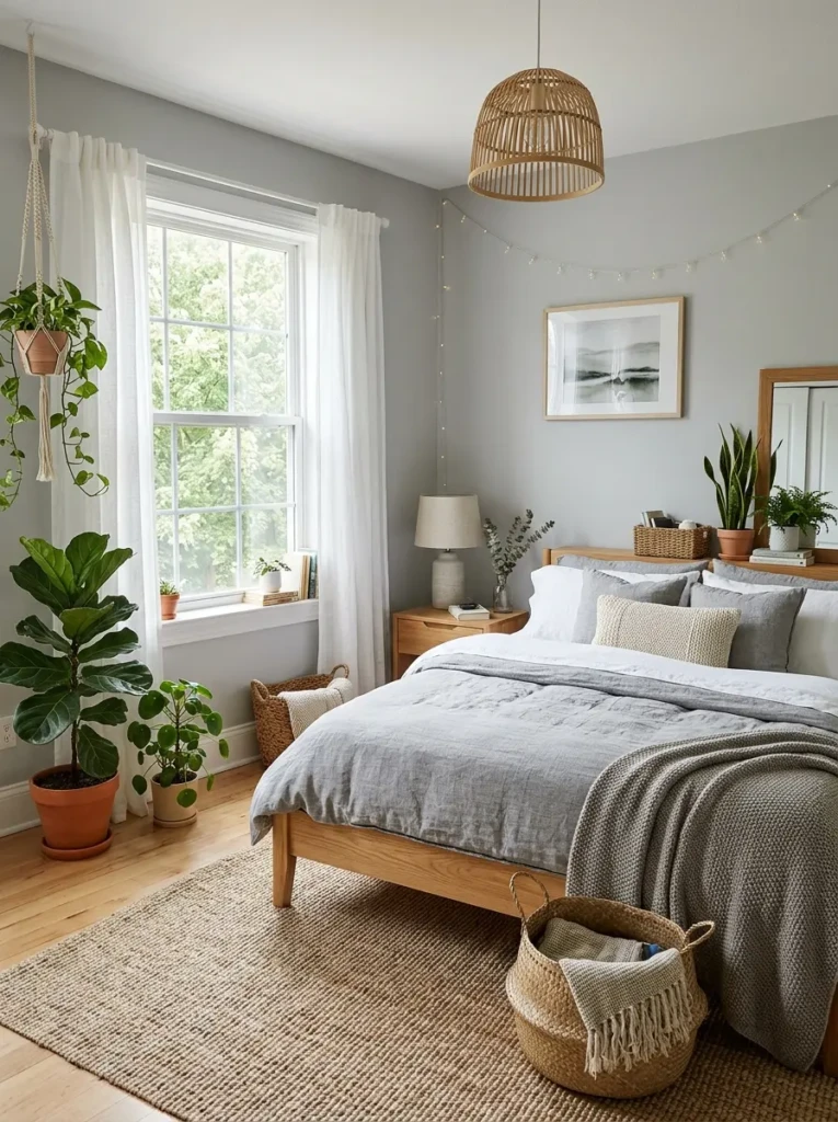 Neutral bedroom with indoor plants wooden furniture and woven textures balancing grey and white tones naturally