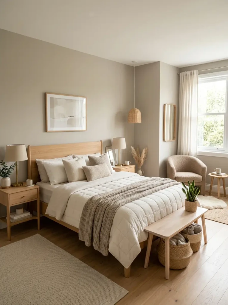 A soft greige bedroom combining grey and beige tones, featuring cream bedding and light wood furniture for a warm and inviting look.