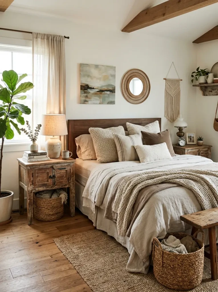 Bedroom with distressed wooden furniture, woven baskets, layered bedding, and cozy decor.