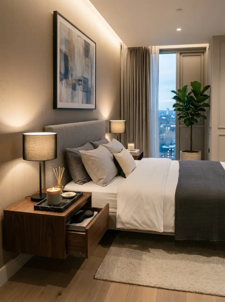 Modern luxury bedroom with sleek uncluttered nightstands and decorative accents