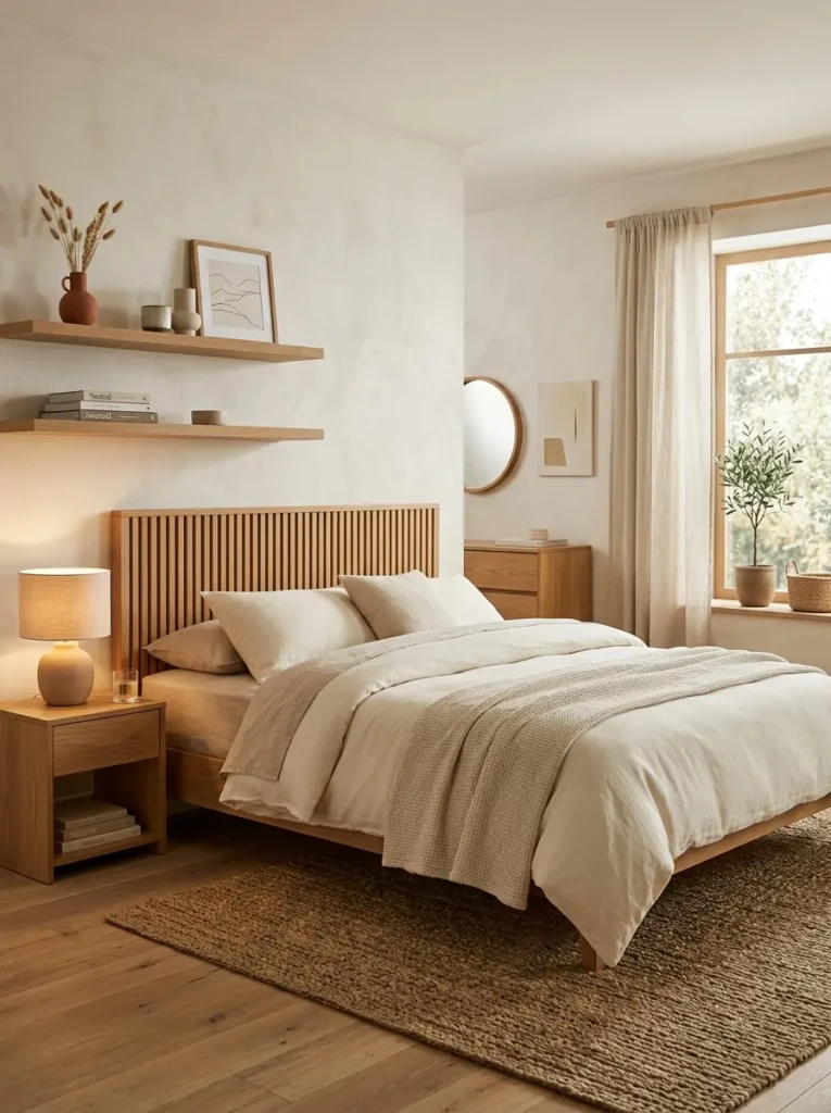 Minimalist bedroom with natural oak furniture, wooden headboard, and earthy cozy textures