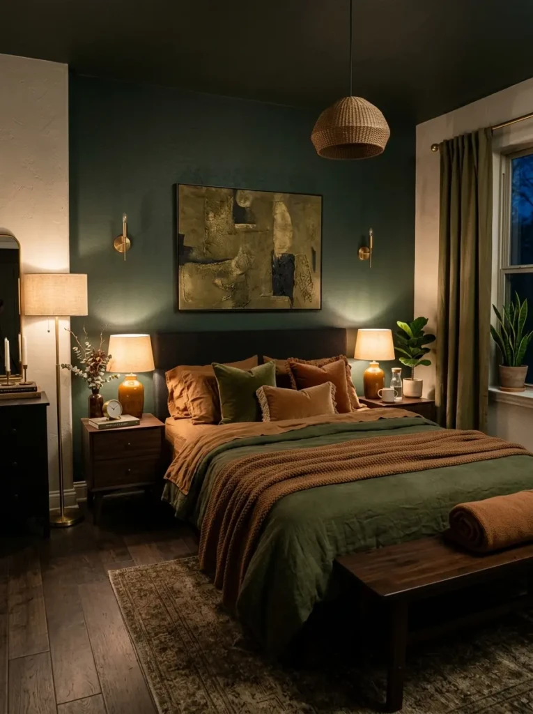 Elegant earth-tone bed styling with olive green bedding, velvet cushions, warm lighting, and cozy layered textures