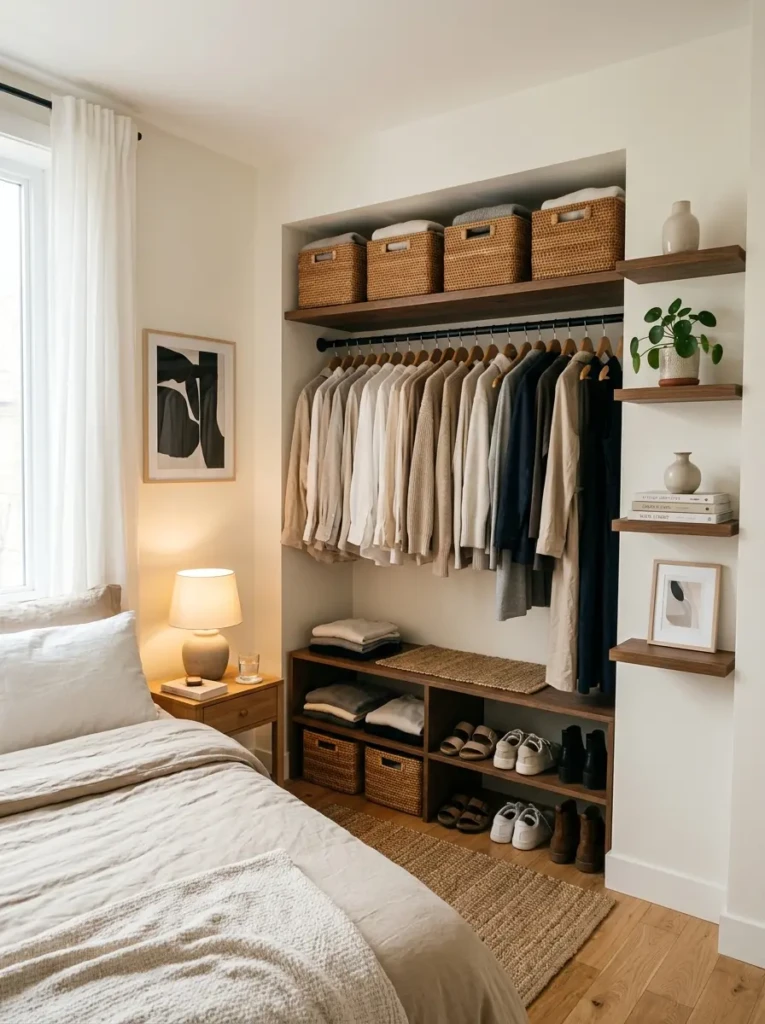 Small bedroom with open closet storage, matching hangers, woven baskets, and boutique-inspired decor.