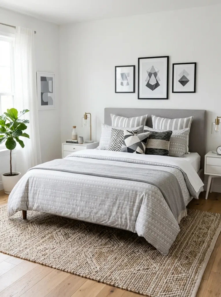 Bedroom with geometric and striped grey and white patterns on bedding and pillows adding visual interest and style
