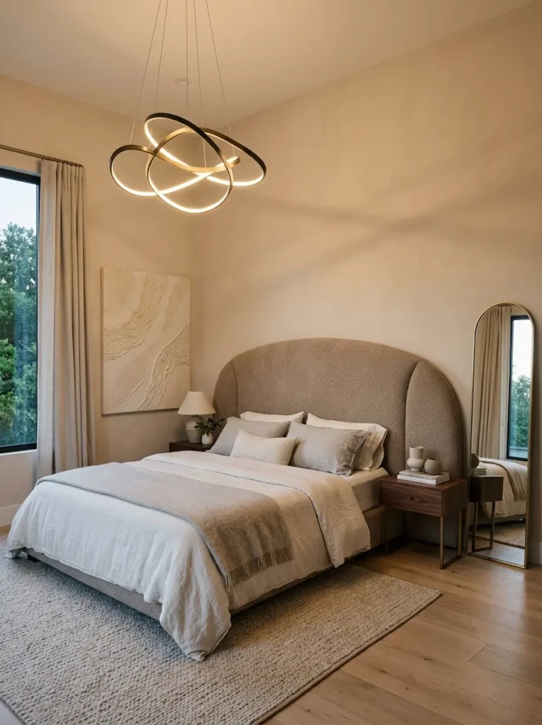 Minimalist bedroom with pendant lighting, arched mirror, and textured wall art