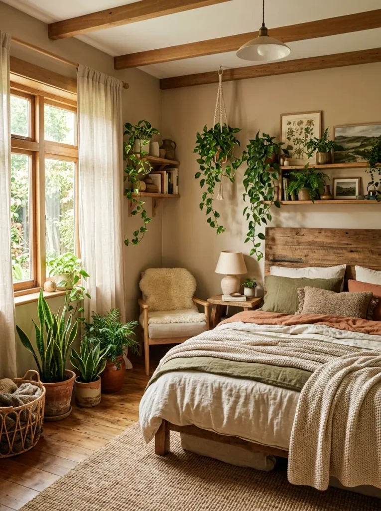 Warm bedroom decorated with indoor plants, earthy textures, and natural sunlight