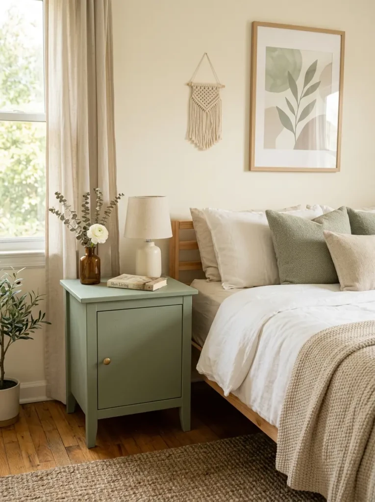 Sage green painted nightstand beside neutral bedding with brass knob and soft natural light.