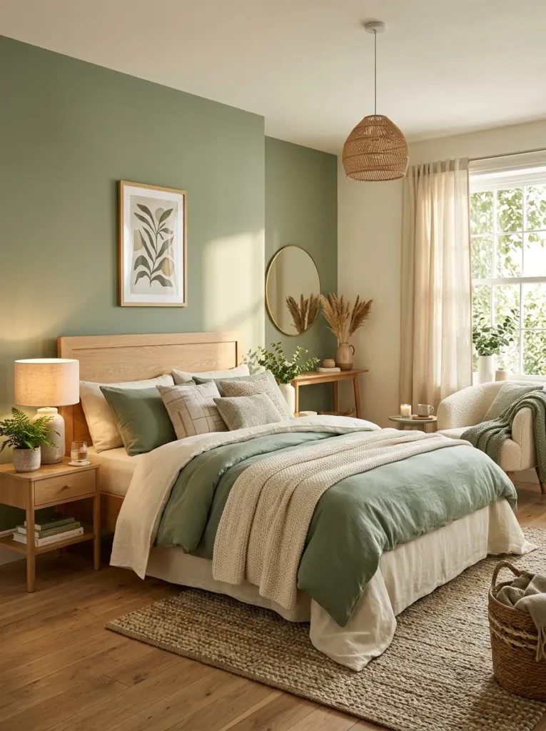 Stylish bedroom with sage green decor, cream bedding, layered textiles, and warm sunlight.