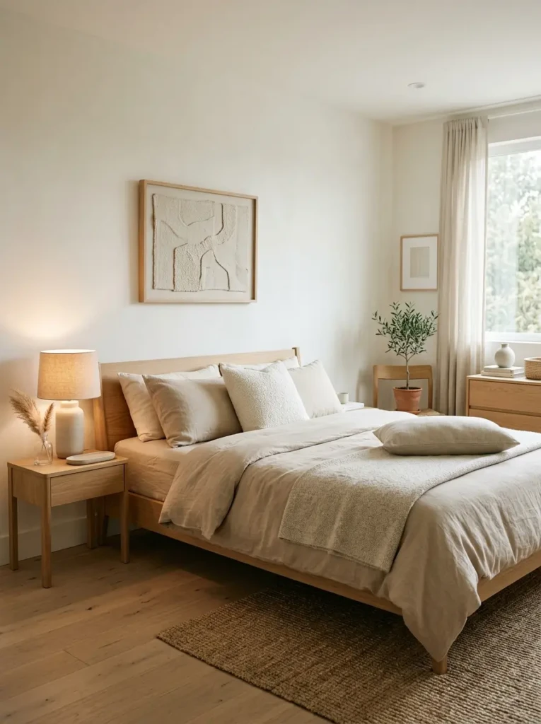 Minimalist neutral bedroom with soft beige bedding, boucle cushion, clean lines, and cozy warm lighting