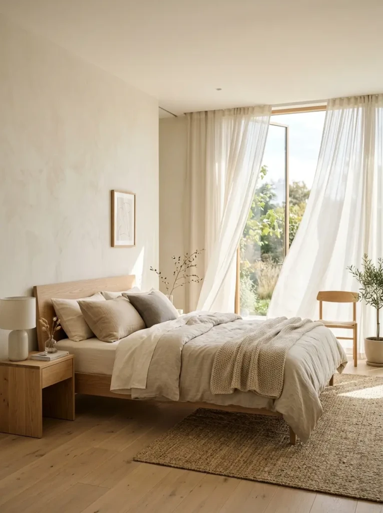 Minimalist bedroom with sheer linen curtains and soft sunlight filling the room