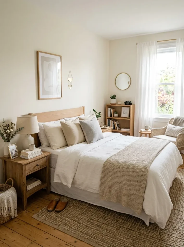 Calm bedroom with simple personal accents and a clean, airy design
