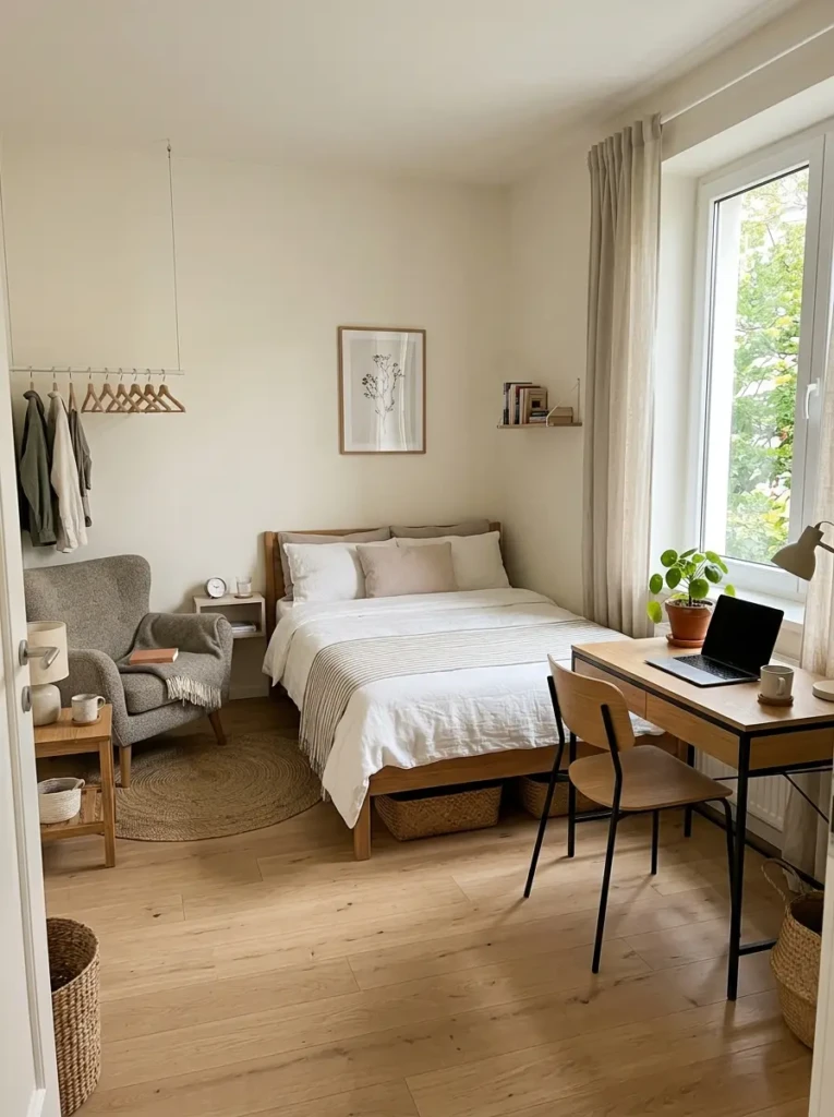 Small bedroom with bed against the longest wall, desk near window, and clear walking space.
