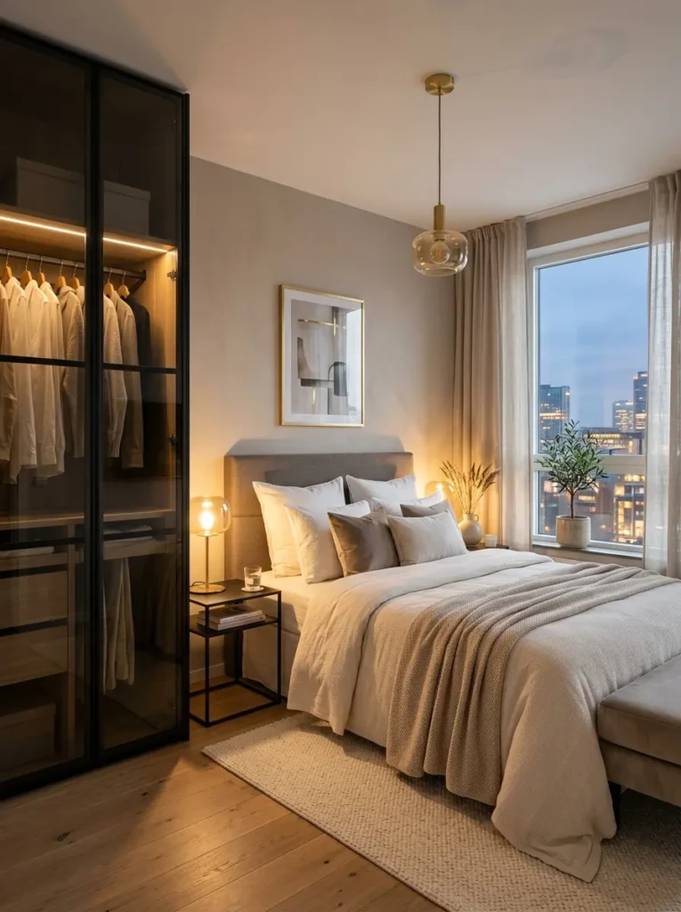 Modern small bedroom with smoked glass wardrobe panels and luxurious cozy decor.