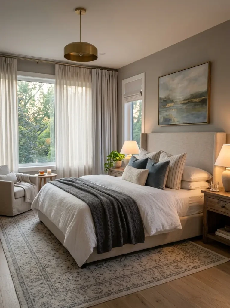 Elegant bedroom with layered bedding, airy curtains, soft lighting, and peaceful cozy ambiance