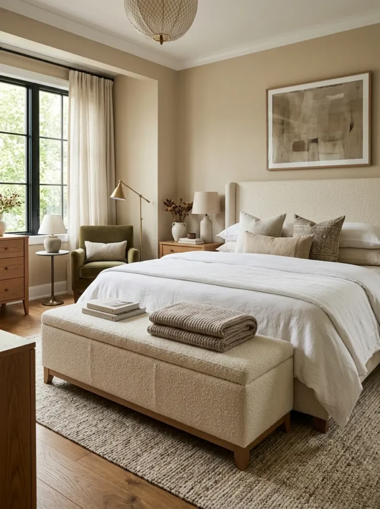 Cream upholstered storage bench placed at the foot of a layered cozy bed.