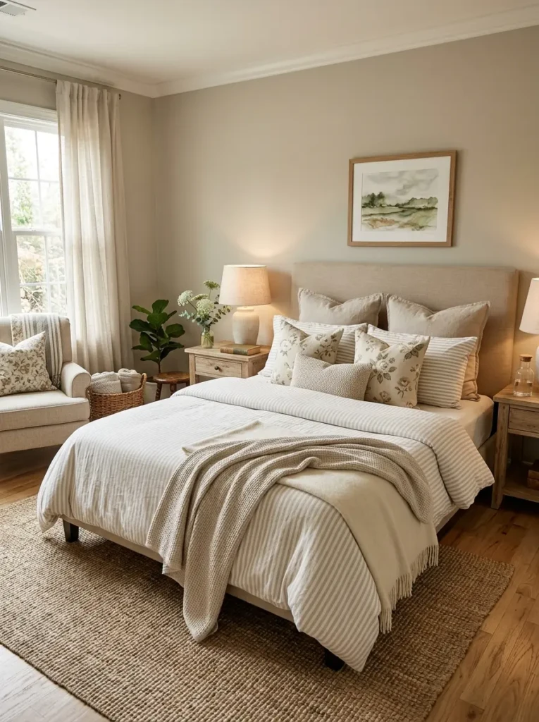 Charming bed styling with striped bedding, floral cushions, and soft textured throws