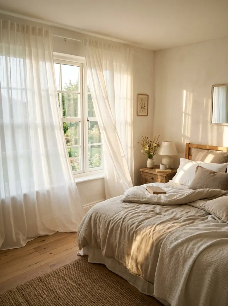 Airy summer bedroom with sheer curtains and warm sunlight creating a cozy, peaceful atmosphere