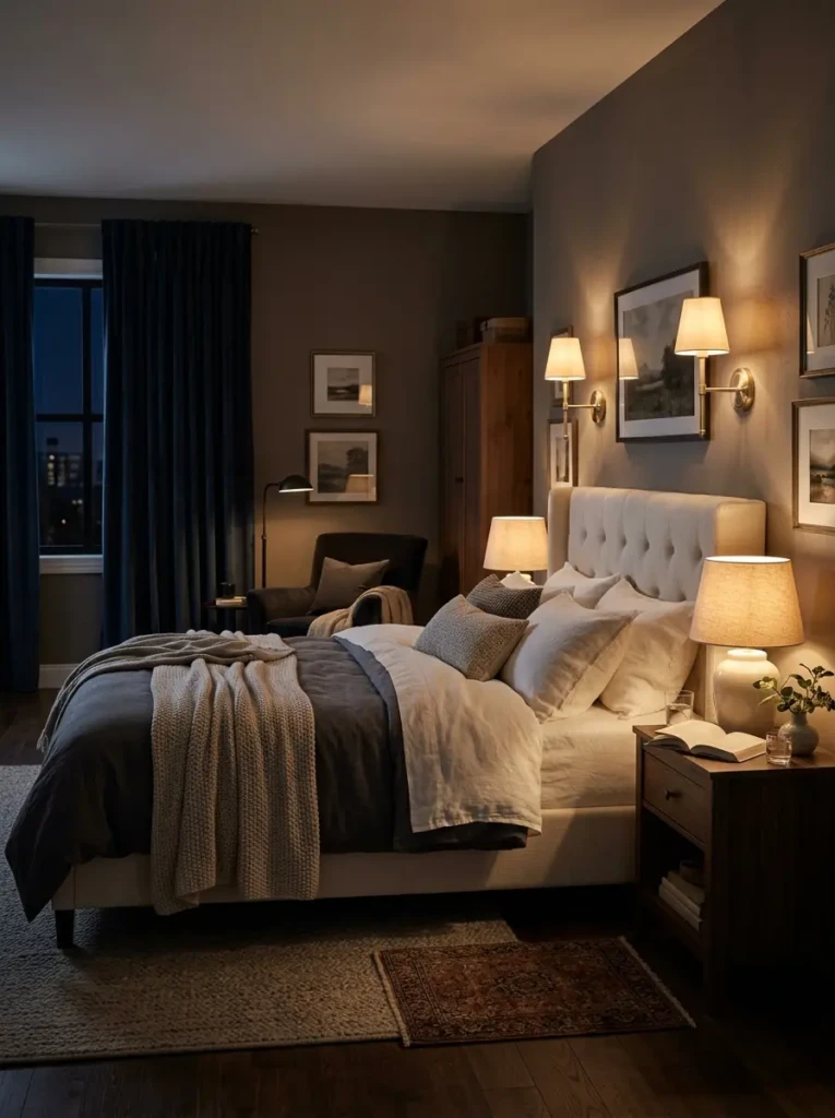 Bedroom with table lamps and wall sconces casting warm light and soft shadows