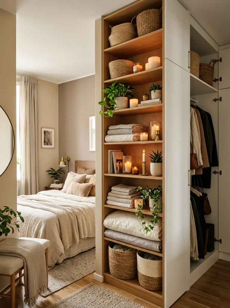 Stylish small bedroom with tall shelving beside closet, decorative baskets, candles, and cozy textures.