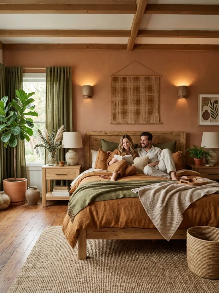 Cozy earthy bedroom with terracotta accents, olive tones, and natural wood decor