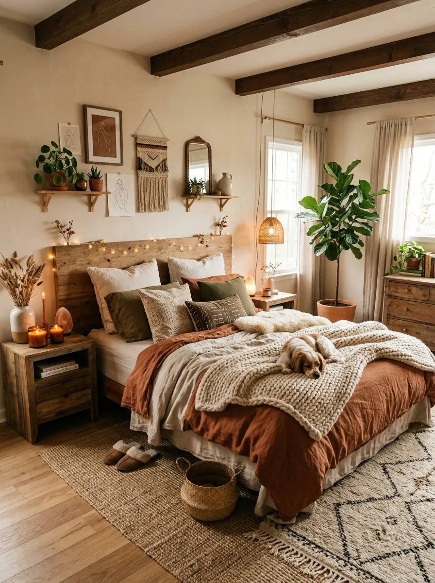 A stylish transformed bedroom with cozy decor, soft textures, and a clean inviting layout.