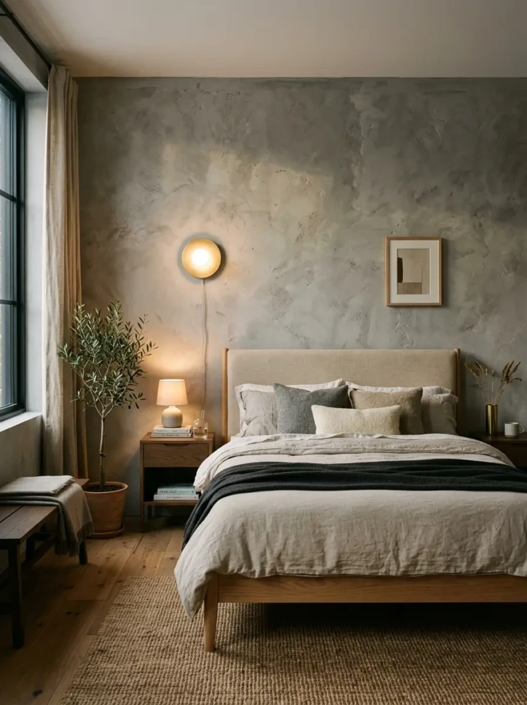 A stylish bedroom with a textured grey wall, soft lighting, and neutral decor adding depth and visual interest.