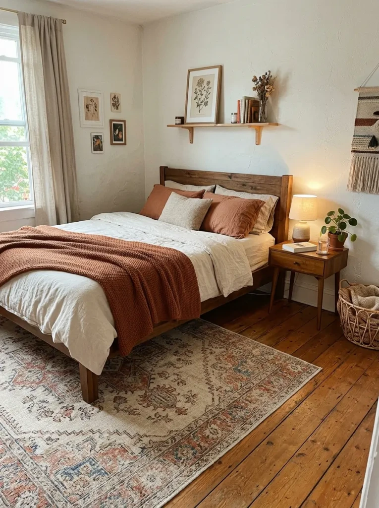 Small bedroom with soft vintage rug under the bed, warm wood furniture, and cozy bedding.