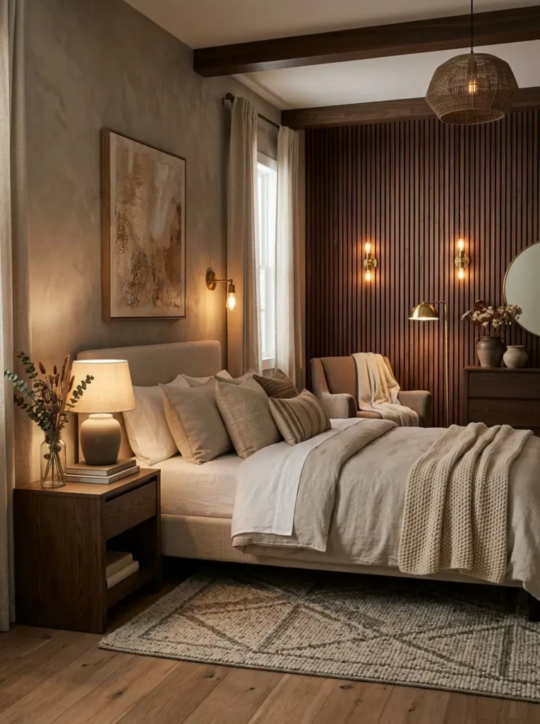 Elegant bedroom featuring wood slat wall and warm moody interior styling