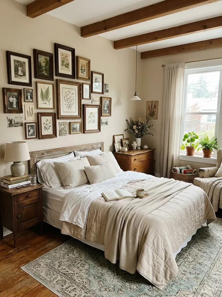 A cozy neutral bedroom featuring vintage wooden frames and elegant collected decor pieces.