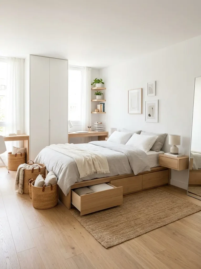 Minimalist bedroom with under-bed storage, sleek wardrobes, and woven baskets