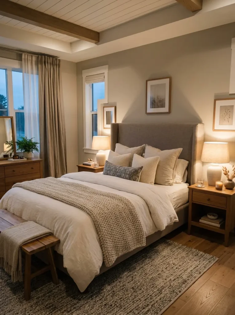 Bedroom with warm grey tones creamy white bedding and wooden accents creating a soft cozy and welcoming atmosphere