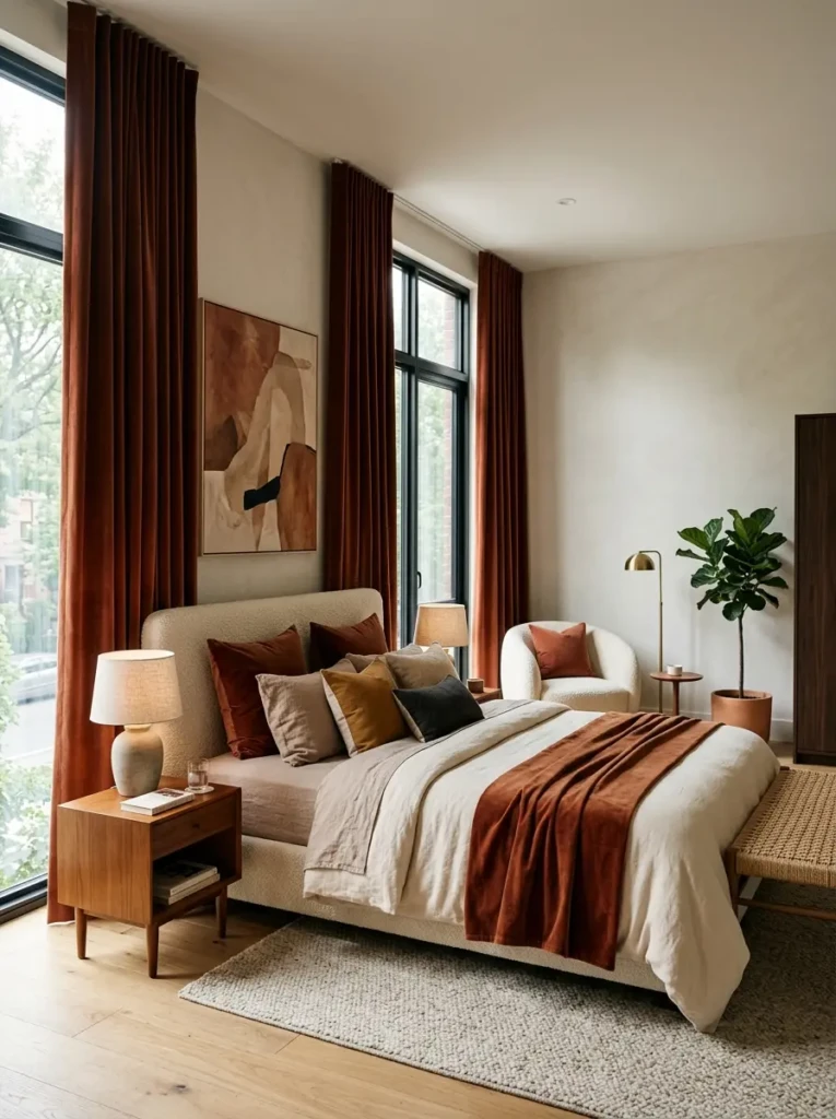 Modern bedroom with tall velvet curtains, cozy textures, and warm inviting lighting.