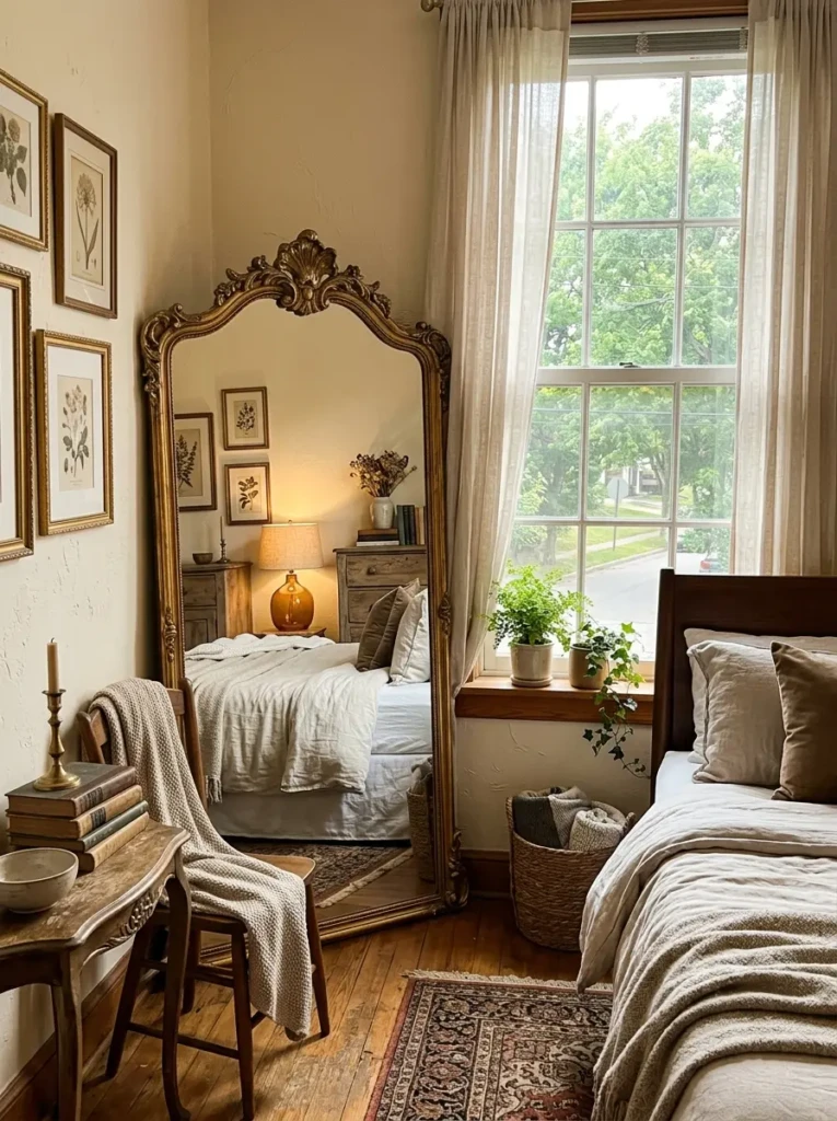Cozy bedroom with vintage gold mirror reflecting warm natural light near a window.