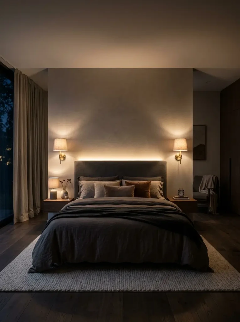 Minimalist bedroom with dimmable lighting and warm relaxing nighttime atmosphere