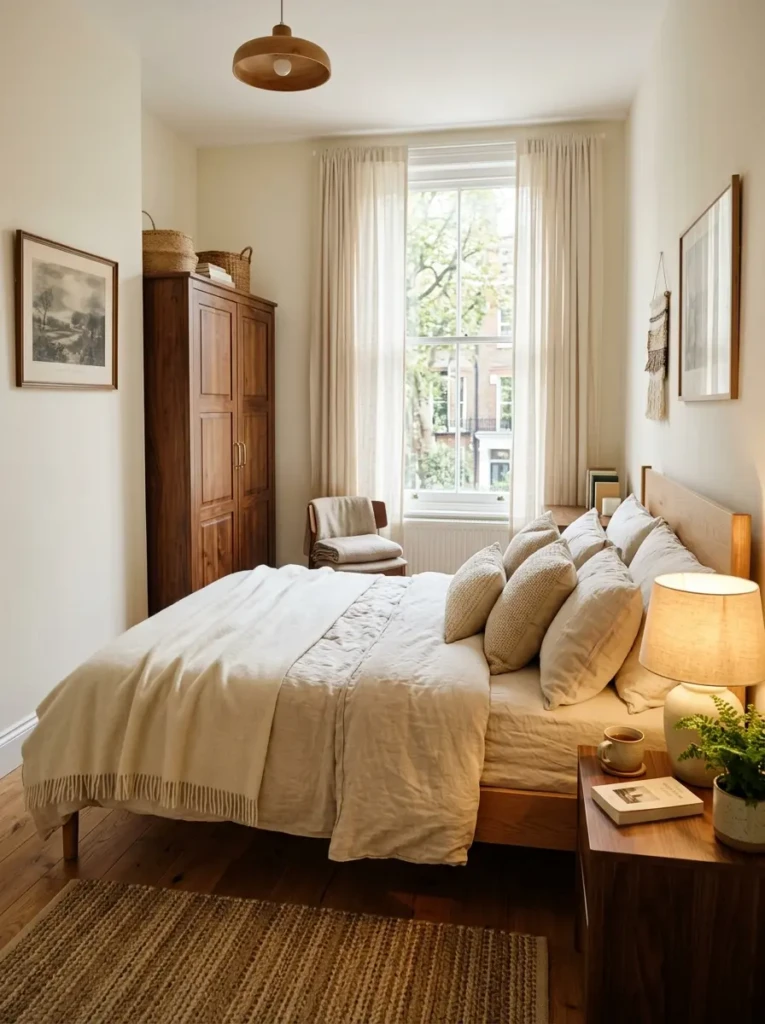 Elegant small bedroom featuring a warm walnut wardrobe, creamy bedding, and soft lighting.