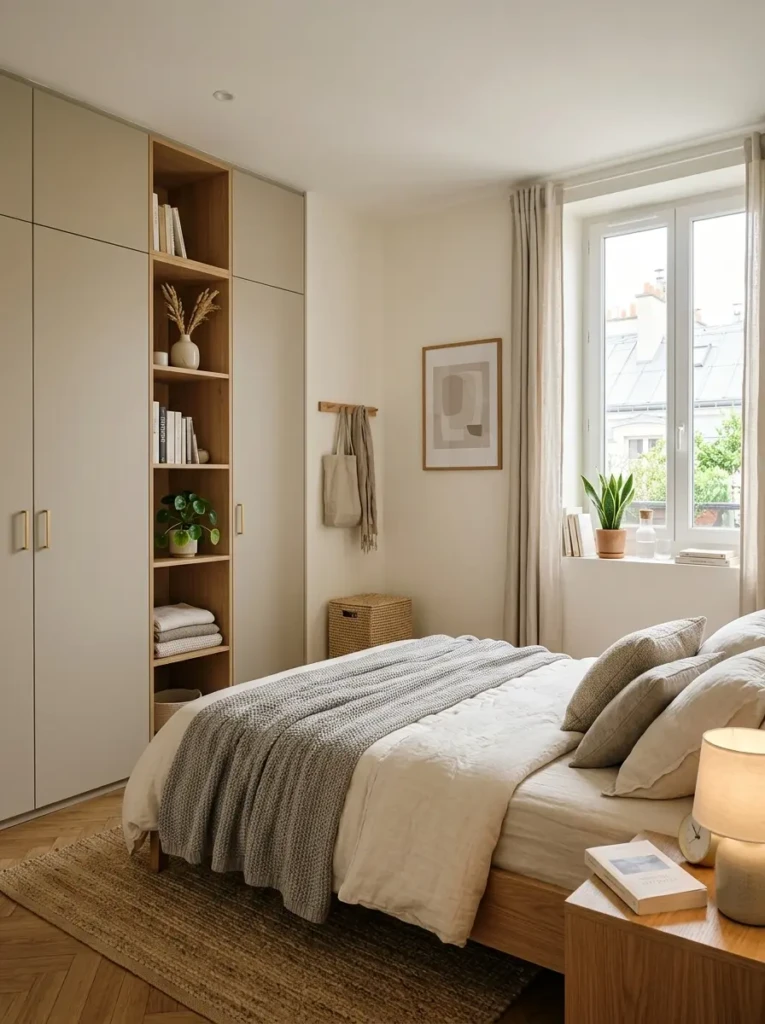 Stylish small bedroom with elegant wardrobe storage, cozy bedding, and warm natural lighting.