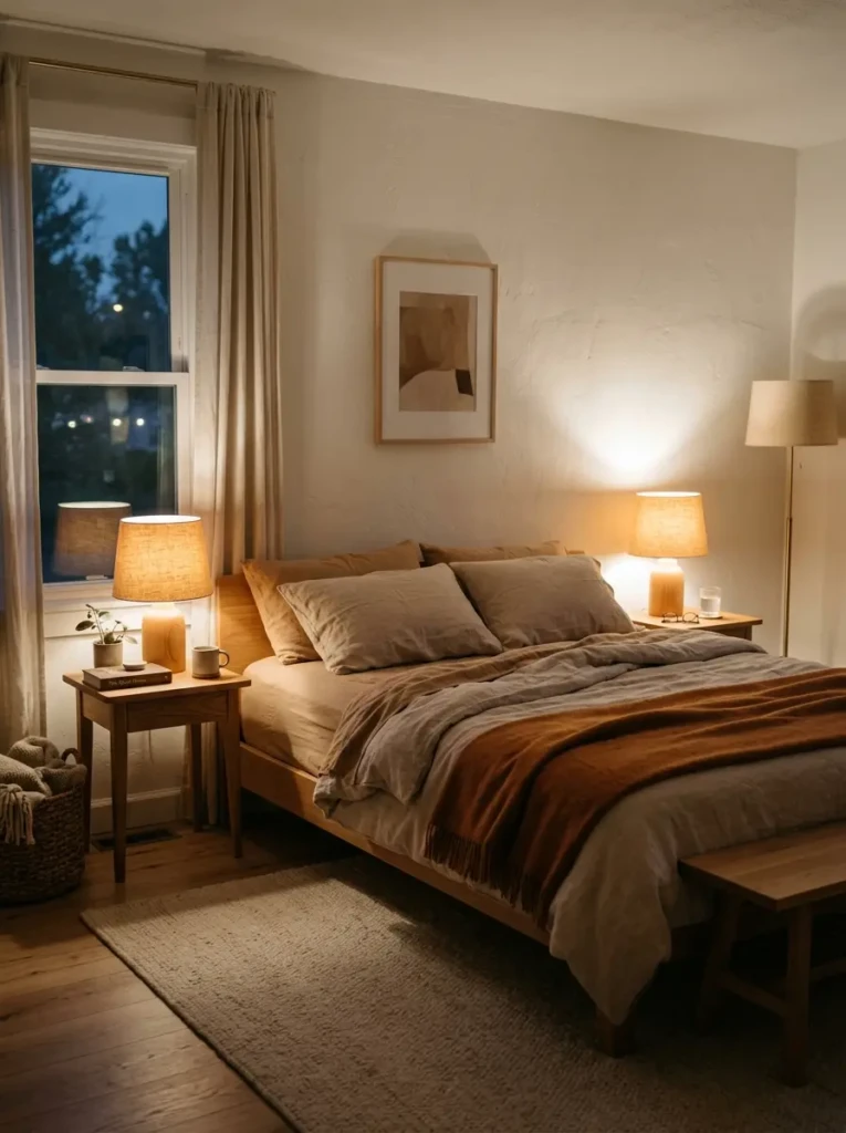 Cozy minimalist bedroom with warm bedside lighting and elegant neutral decor