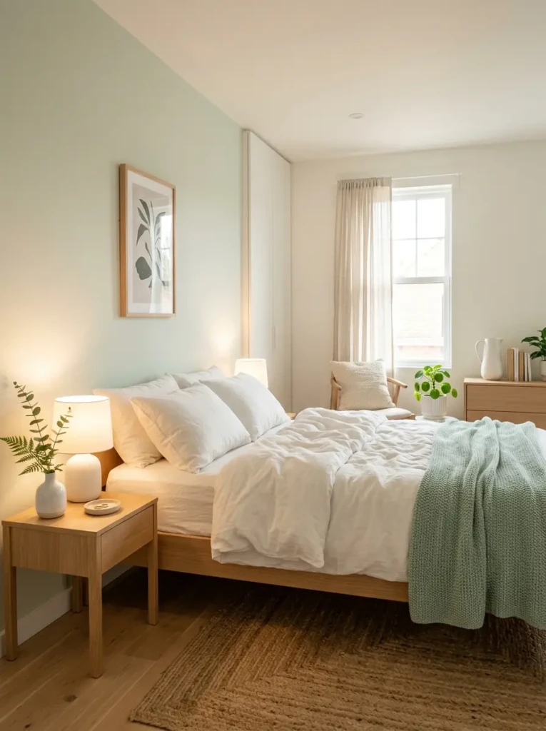 Peaceful mint green bedroom with warm lighting and minimalist spa decor